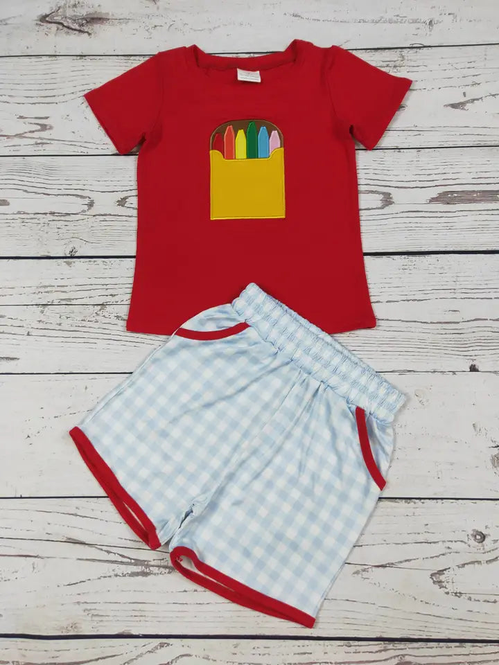 Kids Boy Crayon Applique Back to School Shorts Set