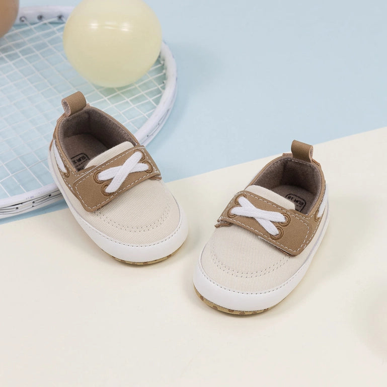 Cream Canvas & Pleather Baby Shoes- 6-12Months (12CM)
