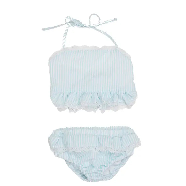 Seersucker Lace Trimmed Bikini - Aqua