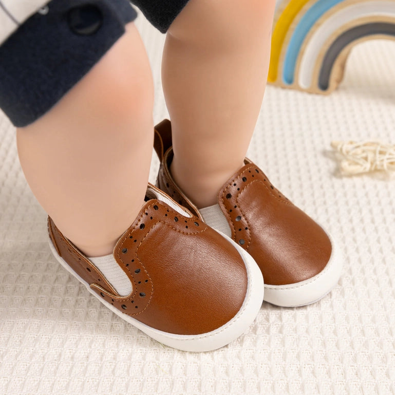 Brown Pleather slide of baby shoes with elastic