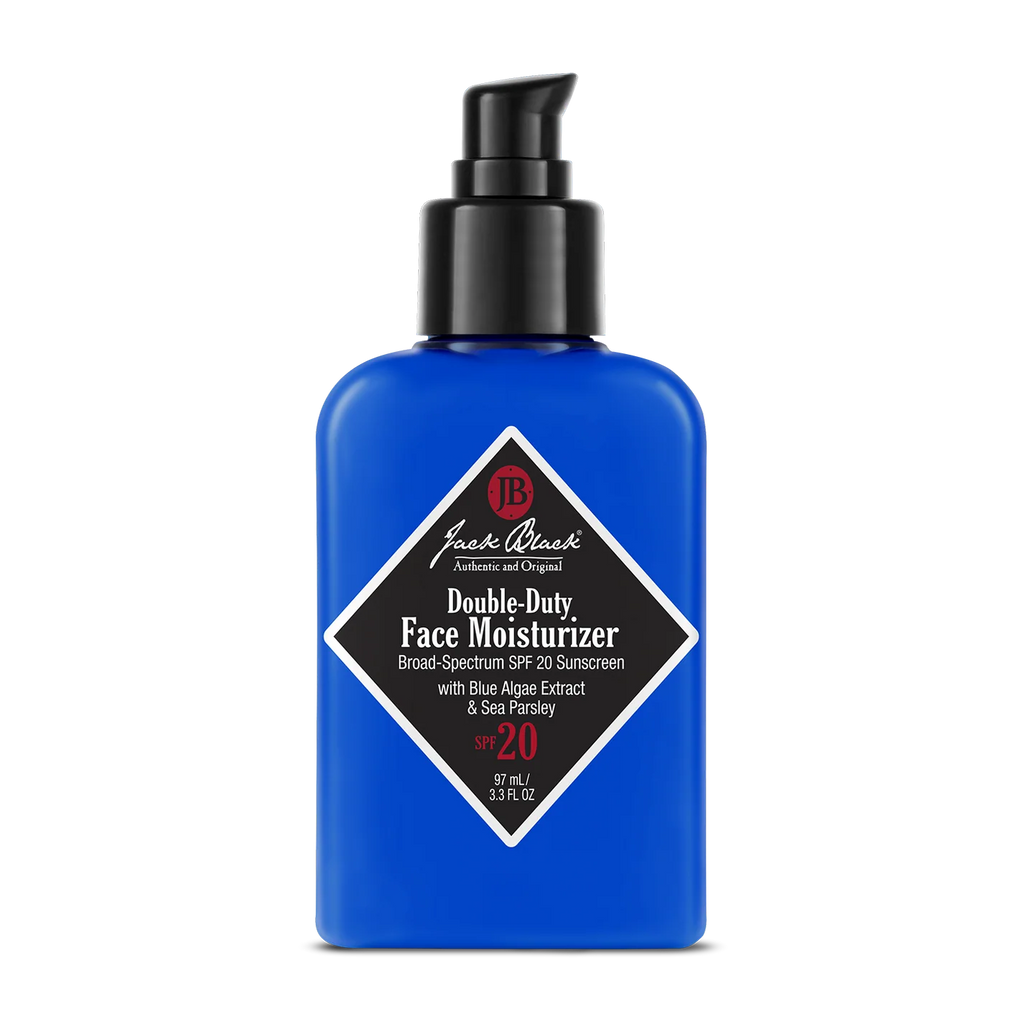 Blue bottle of Jack Black Double-Duty Face Moisturizer on a white background
