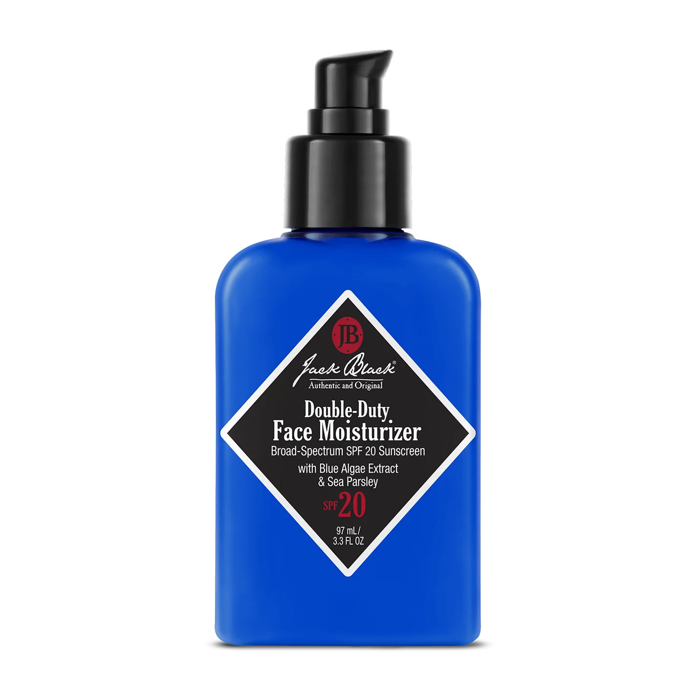 Blue bottle of Jack Black Double-Duty Face Moisturizer on a white background