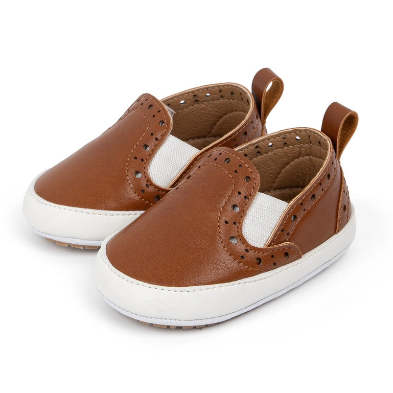 Brown Pleather slide of baby shoes with elastic