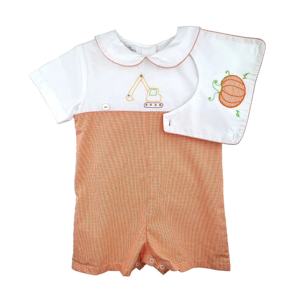 Construction Romper with Removeable Pumpkin Bib