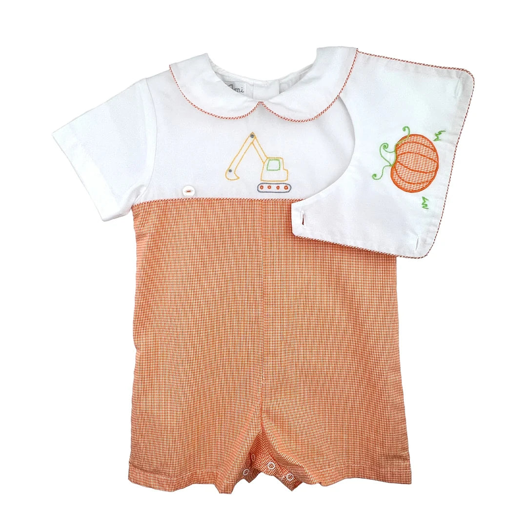 Construction Romper with Removeable Pumpkin Bib