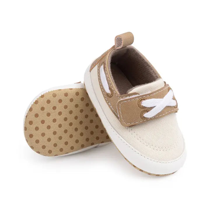 Cream Canvas & Pleather Baby Shoes- 6-12Months (12CM)