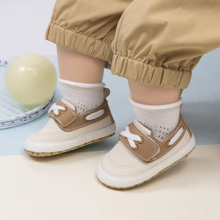 Cream Canvas & Pleather Baby Shoes- 6-12Months (12CM)