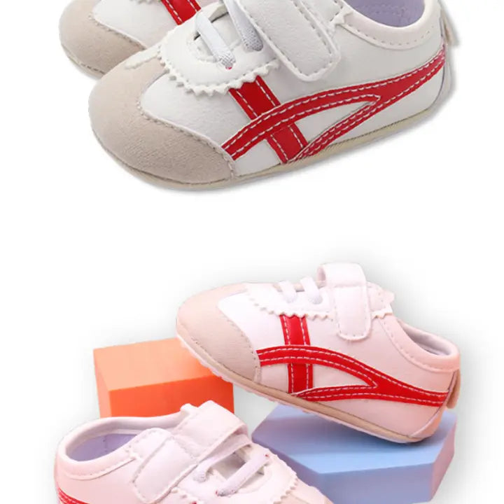 Off White Infant Tennis Shoes With Red Design & Velcro