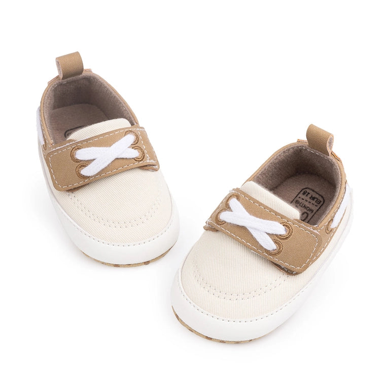 Cream Canvas & Pleather Baby Shoes- 6-12Months (12CM)