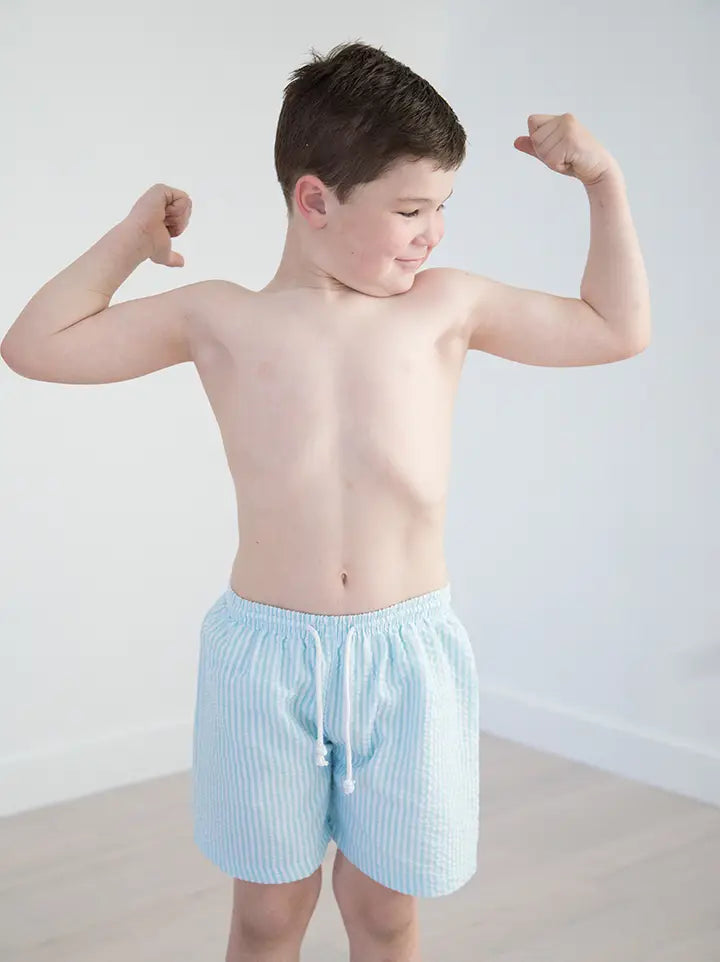 Boys Seersucker Swim Trunks - Aqua