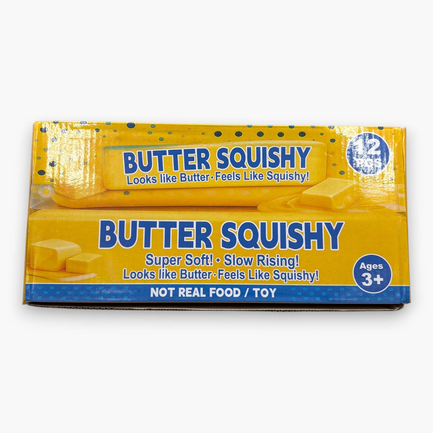 Butter Squishy packaging with yellow and blue design on a white background