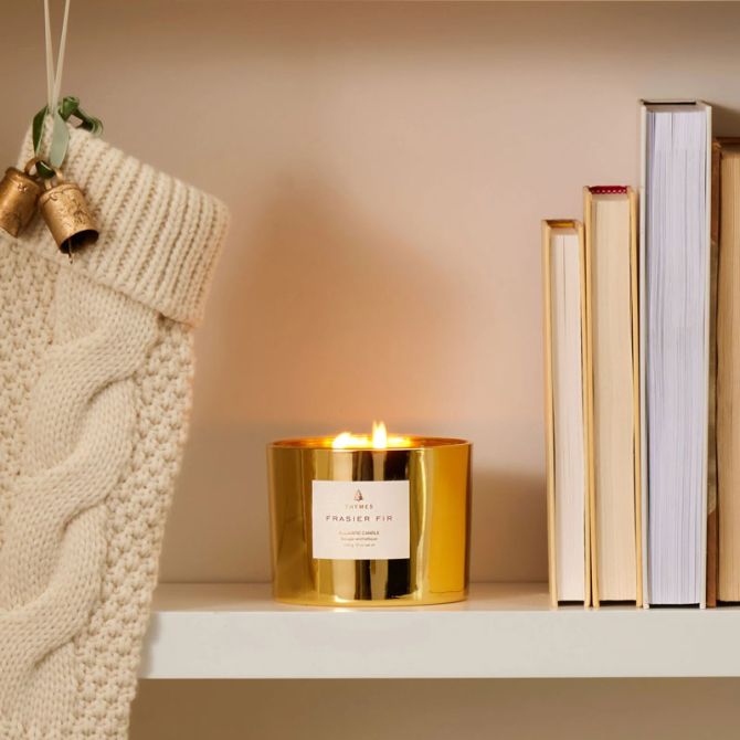 Thymes Frasier Fir Gilded Poured Candle, 3-wick Gold