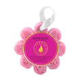 Pink flower-shaped sponge with a label on a white background