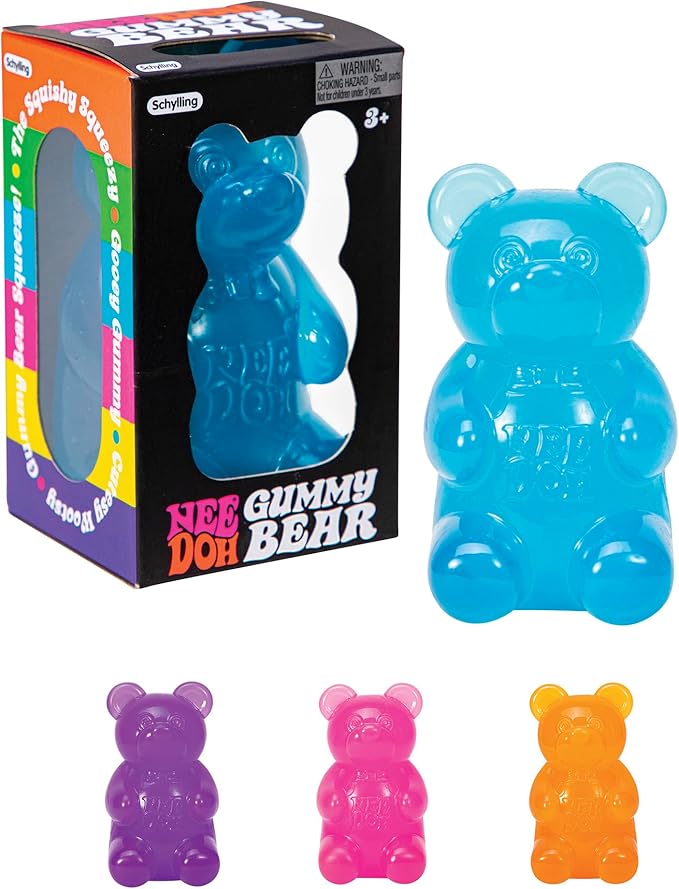 Blue gummy bear Fidget toy with packaging and additional colored gummy bears displayed.