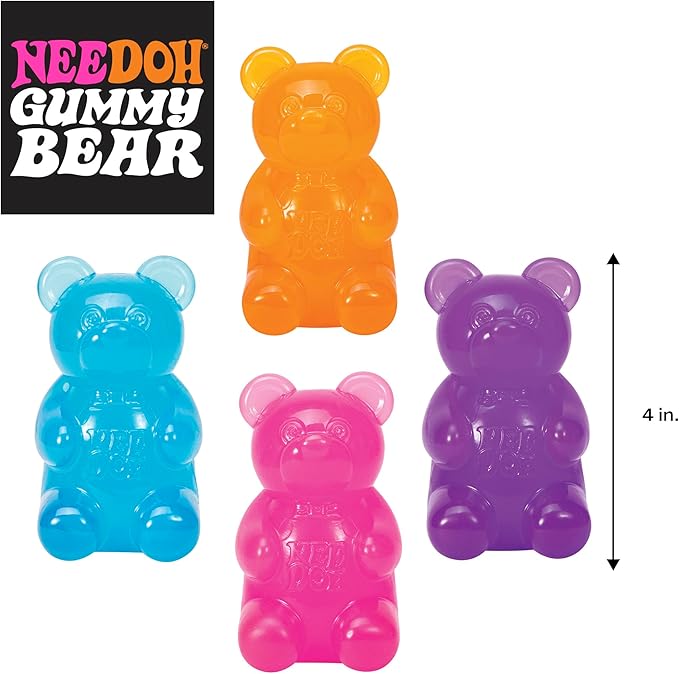Four colorful gummy bear Fidget toys with 'NEEDOH' branding and a measurement indicator.