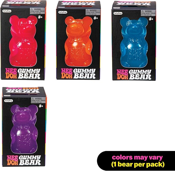 4 boxes of 'Neh Doh Gummy Bear' fidget toys in red, orange, blue, and purple on a white background.