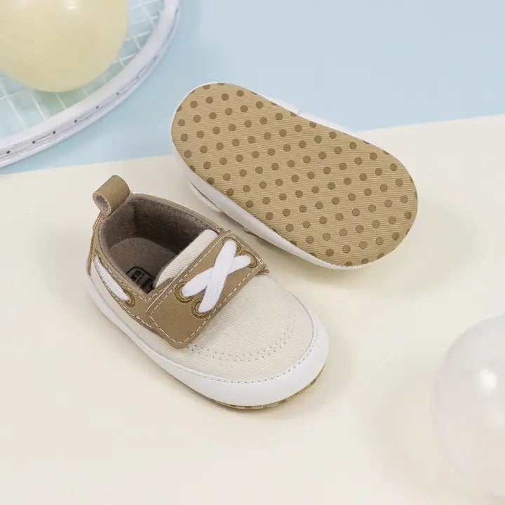 Cream Canvas & Pleather Baby Shoes- 6-12Months (12CM)