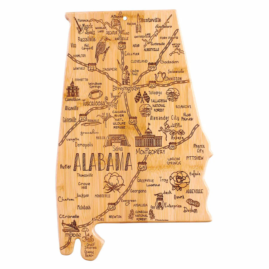 Wooden map of Alabama with engraved landmarks and cities