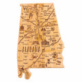 Wooden map of Alabama with engraved landmarks and cities