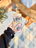 Alabama Glass Can with Bamboo Lid & Glass Straw – 16 oz Alabama Souvenir Drink Glass