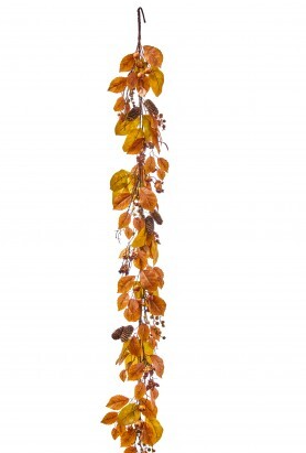 Decorative leaf garland with orange leaves on a white background