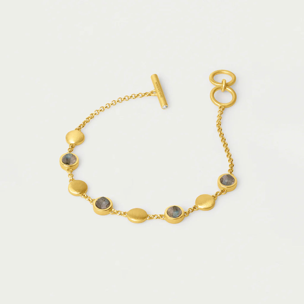 Gold bracelet with gray stones on a light gray background
