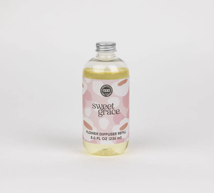 Sweet Grace dye-free flower diffuser refill bottle 8 oz fragrance oil with passion fruit, tea, and patchouli scent.