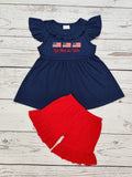Baby girl patriotic appliqué shorts set with matching top and comfortable summer design