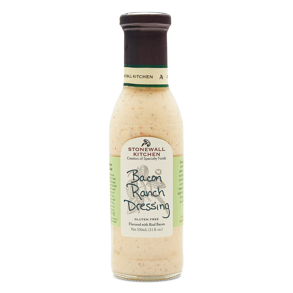 Bottle of Stonewall Kitchen Bacon Ranch Dressing on a white background