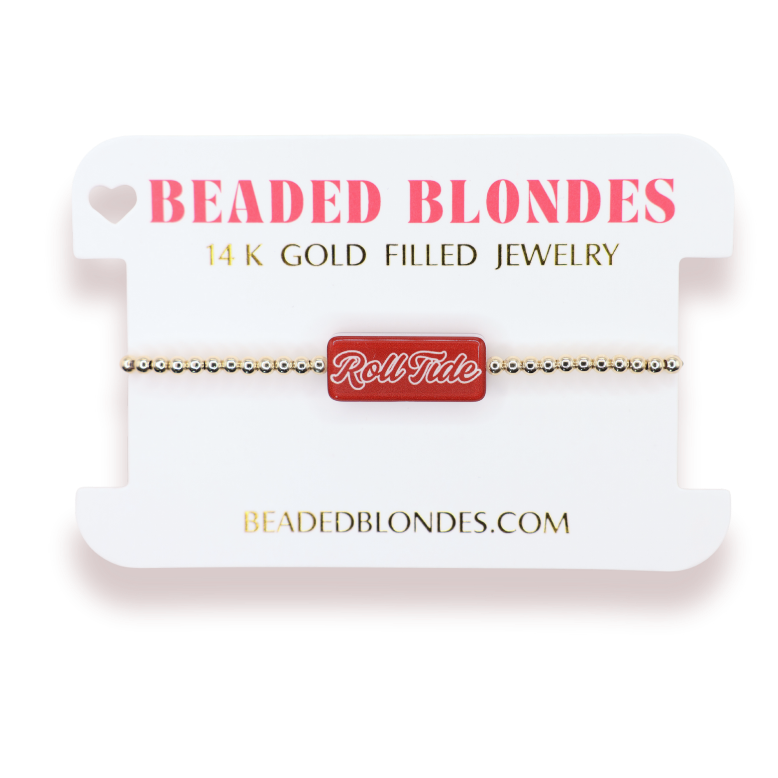 A gold beaded bracelet with a red rectangular charm reading 'RollTide' in white script, displayed on a white jewelry card labeled 'BEADED BLONDES 14 K GOLD FILLED JEWELRY'.