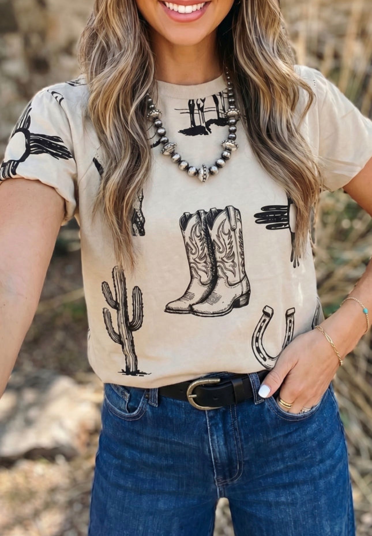 Beige Retro Western Print T-shirt