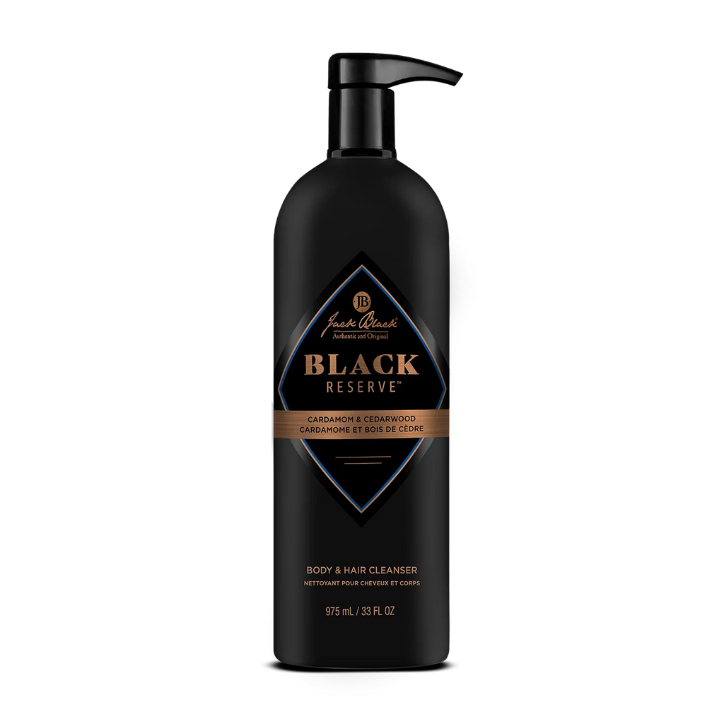 Black Reserve body and hair cleanser bottle on a white background