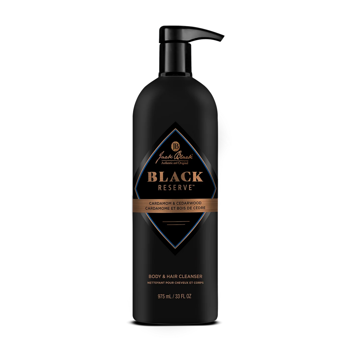 Black Reserve body and hair cleanser bottle on a white background