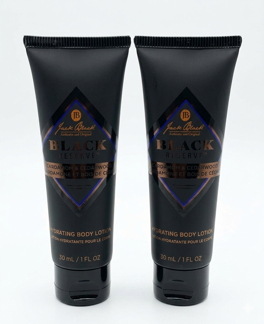 Two black tubes of Jack Black Black Reserve body lotion on a white background