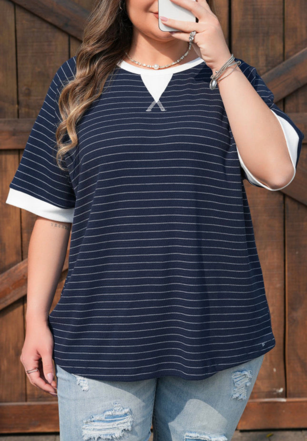 Blue Stripe Contrast Trim Top