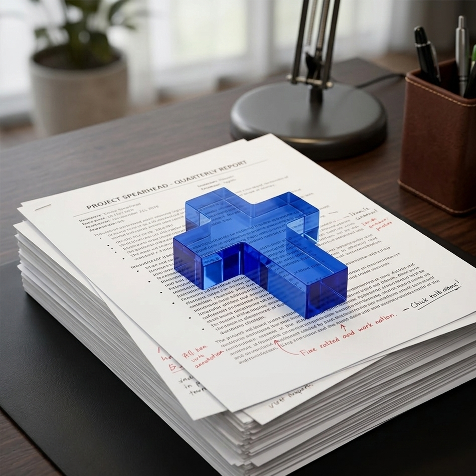 Blue cross-shaped object on a stack of papers with a desk and lamp in the background