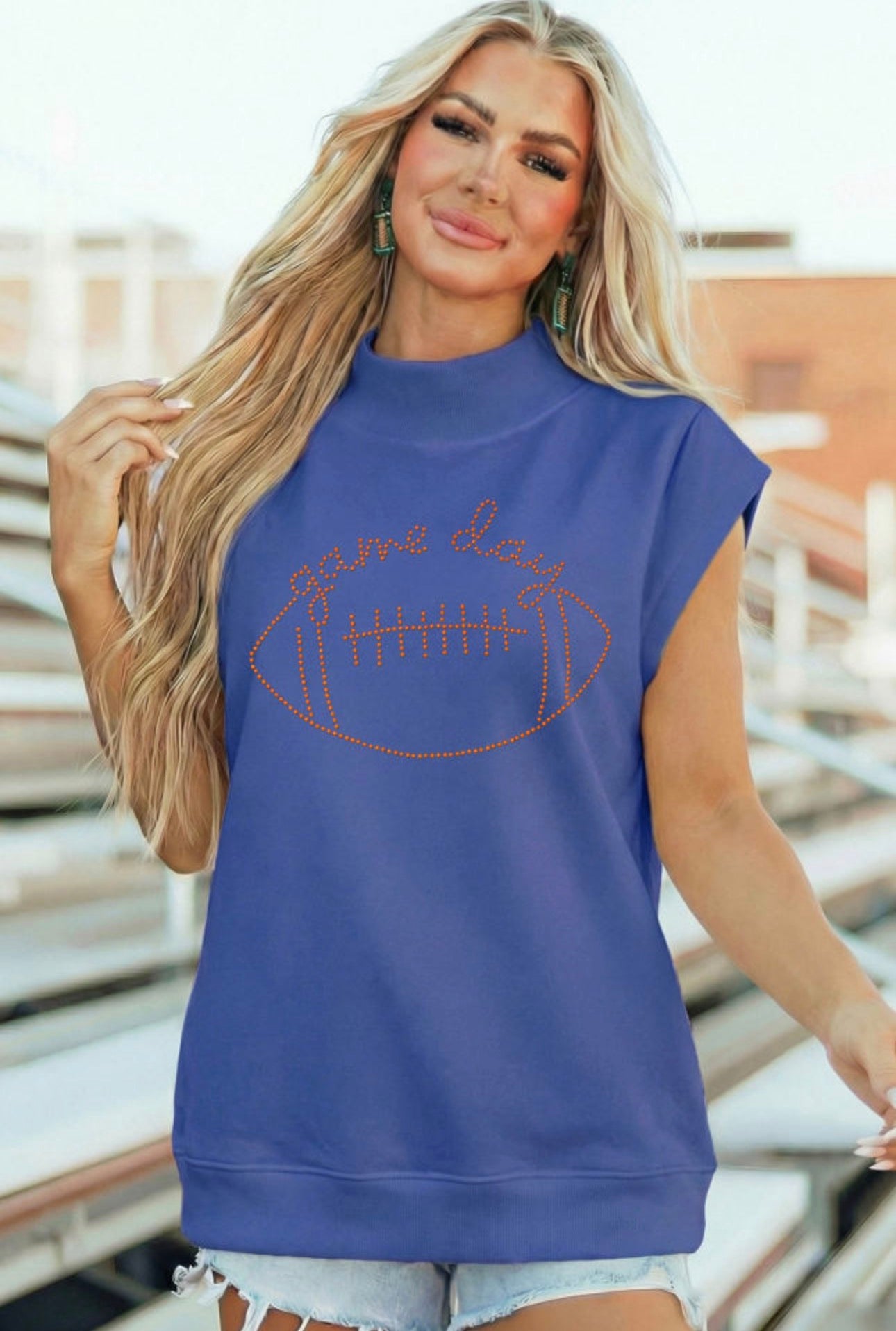 Blue Mock Neck Rhinestone Game Day Top