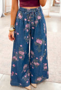 Blue Retro Floral Print Tie Elastic Waist Wide Leg Pants