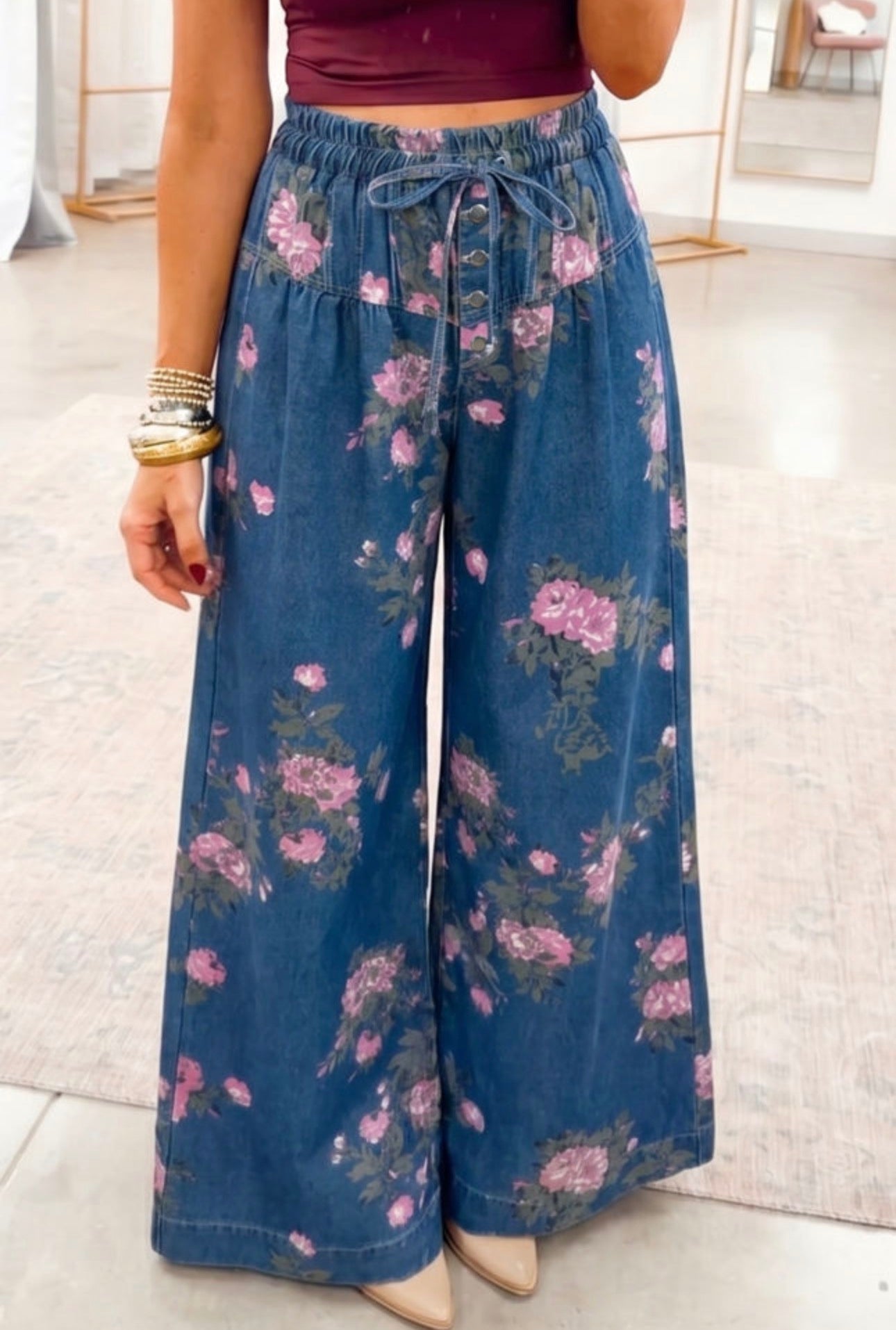 Blue Retro Floral Print Tie Elastic Waist Wide Leg Pants