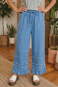 Blue-Ruffled Chambray Pants