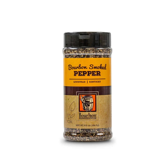 Bottle of bourbon smoked pepper with a label on a white background