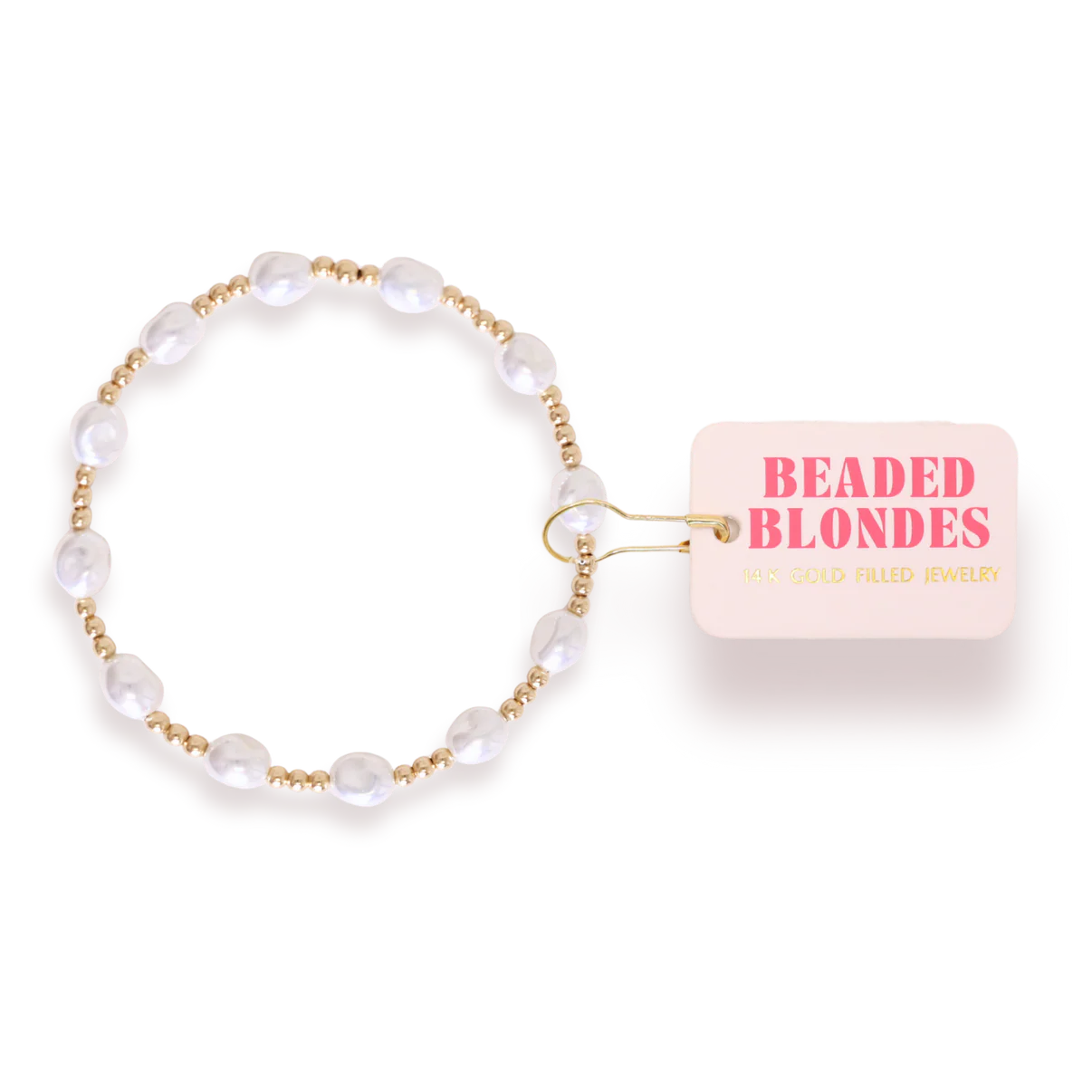 Bri Pearl Bracelet in Gold with a 'Beaded Blondes' tag on a white background