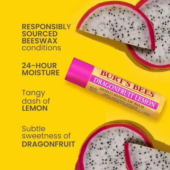 Burt's Bees Dragonfruit Lemon lip balm with dragonfruit slices on a yellow background