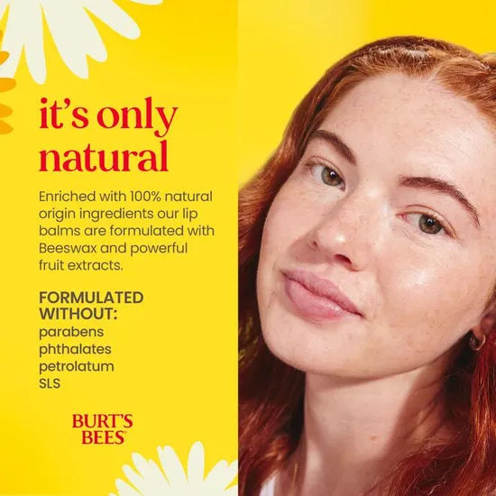 Burt's Bees advertisement with a woman's face and product information on a yellow background