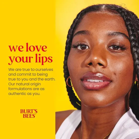 Burt's Bees advertisement with a woman wearing lipstick on a yellow background
