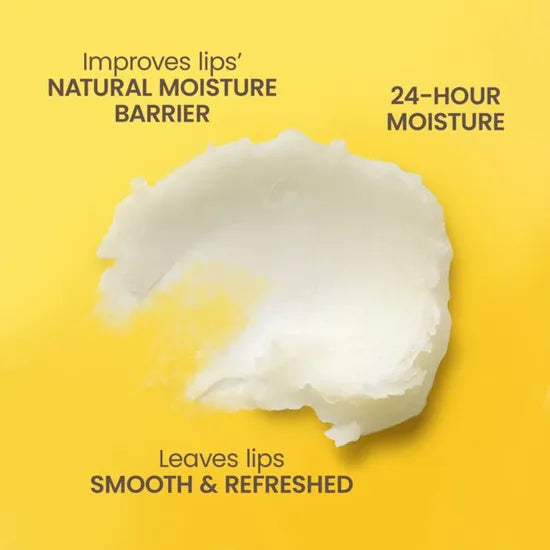 Lip balm on a yellow background with text about lip care benefits