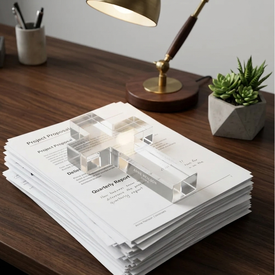 Stack of papers on a desk with a lamp and plant in the background