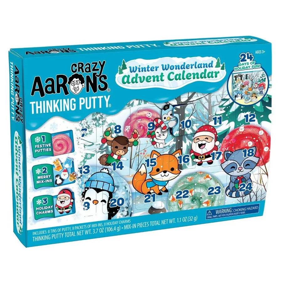 Crazy Aaron's Thinking Putty Winter Wonderland Advent Calendar box, featuring colorful cartoon illustrations of Santa Claus, a fox, a raccoon, and other holiday characters on a bright blue background.