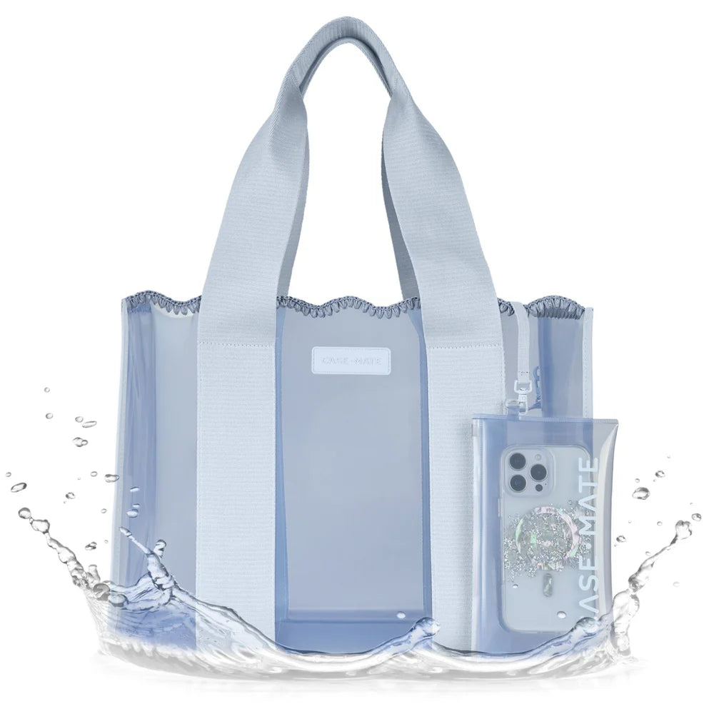 Clear tote bag with phone case and water bottle holder on a white background