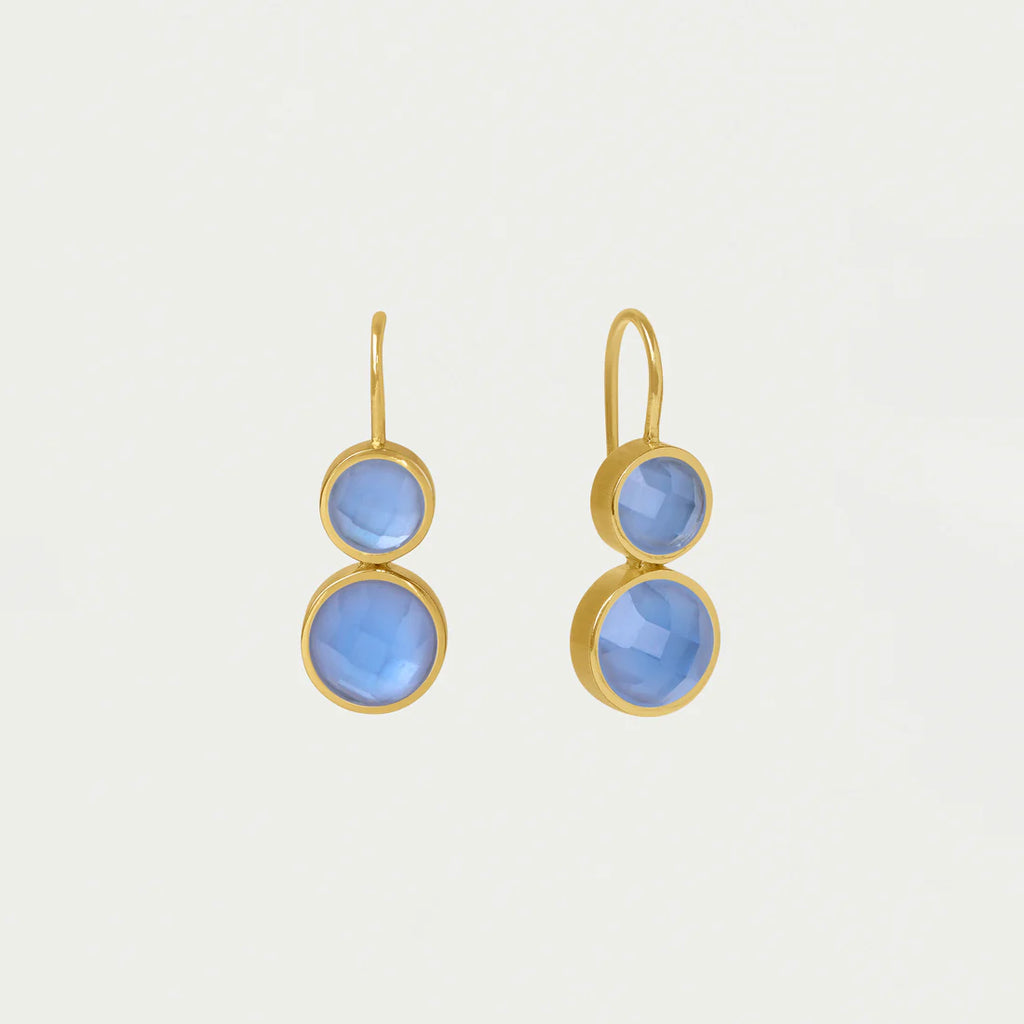 Gold earrings with blue stones on a light gray background